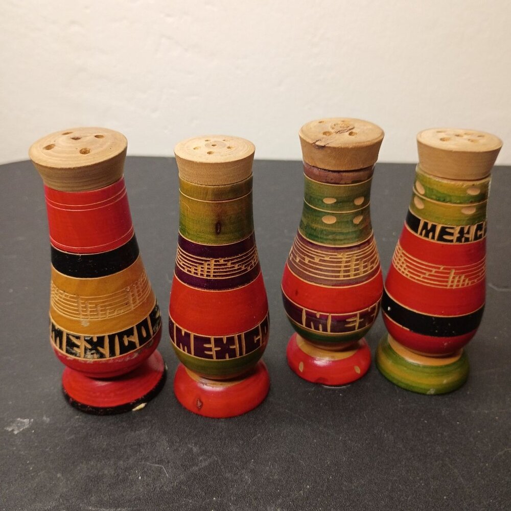 2 Sets VTG  Hand-Painted Mexico Wooden Salt & Pepper Shakers Colorful 1958